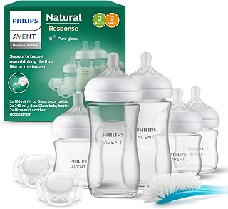 Philips AVENT Natural Response Glass Baby Bottle Set for Newborns - 5 Bottles, 2 Ultra Soft Soothers 0-6 Months, Bottle Brush, BPA-Free (Model SCD879/11)