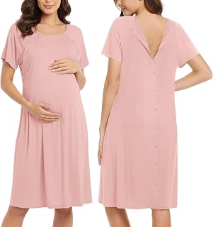 Ekouaer レディース 授乳/出産/労働/病院用ナイトドレス 半袖 マタニティナイトガウン ボタン付き S-XXL