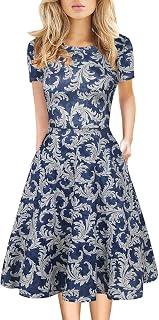 Women's Summer Dress Elegant Floral Print Vintage Office Business Casual Work A Line Swing Party Dress with Pockets DJ162-5