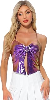 Allegra K Metallic Cami Women's Halloween Halter Y2K Sparkle Tank Tops