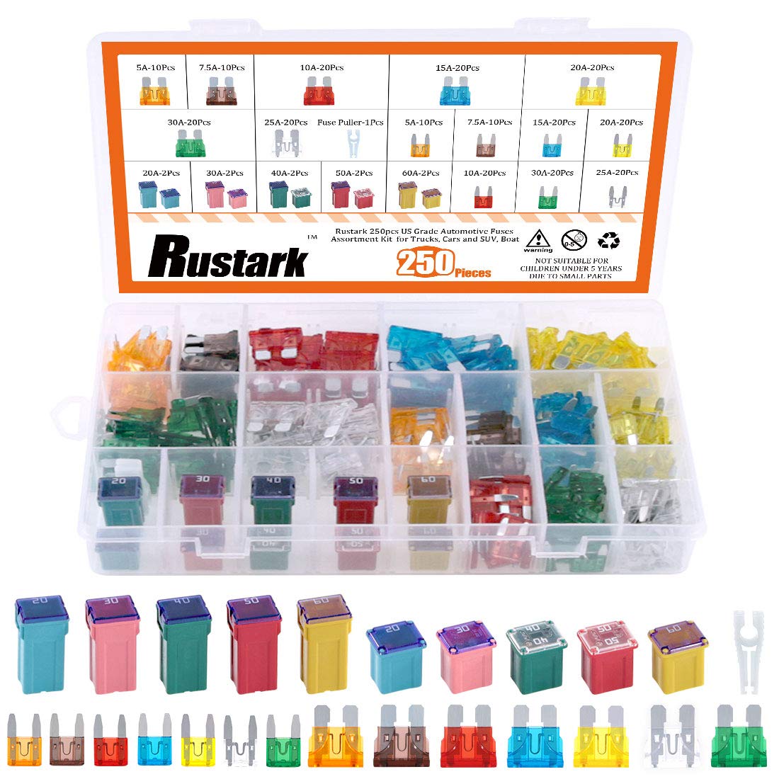 Rustark 250pcs US Grade Automotive Fuses Assortment Kit Standard & Mini Car Blad
