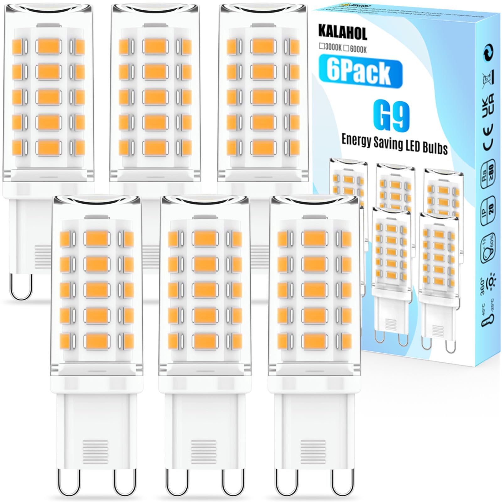 KALAHOL 6 Pack G9 LED Bulbs Warm White, 4W, 3000K, No Flicker, Equivalent to 40W
