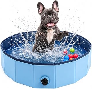 Eooqi Foldable Dog Pool, 32" Hard-Side Collapsible Pet Bath Tub with Non-Slip Bottom & Drain, Heavy-Duty PVC Dog Swimming Pool for Puppies, Small Dogs, Cats & Kids, Blue