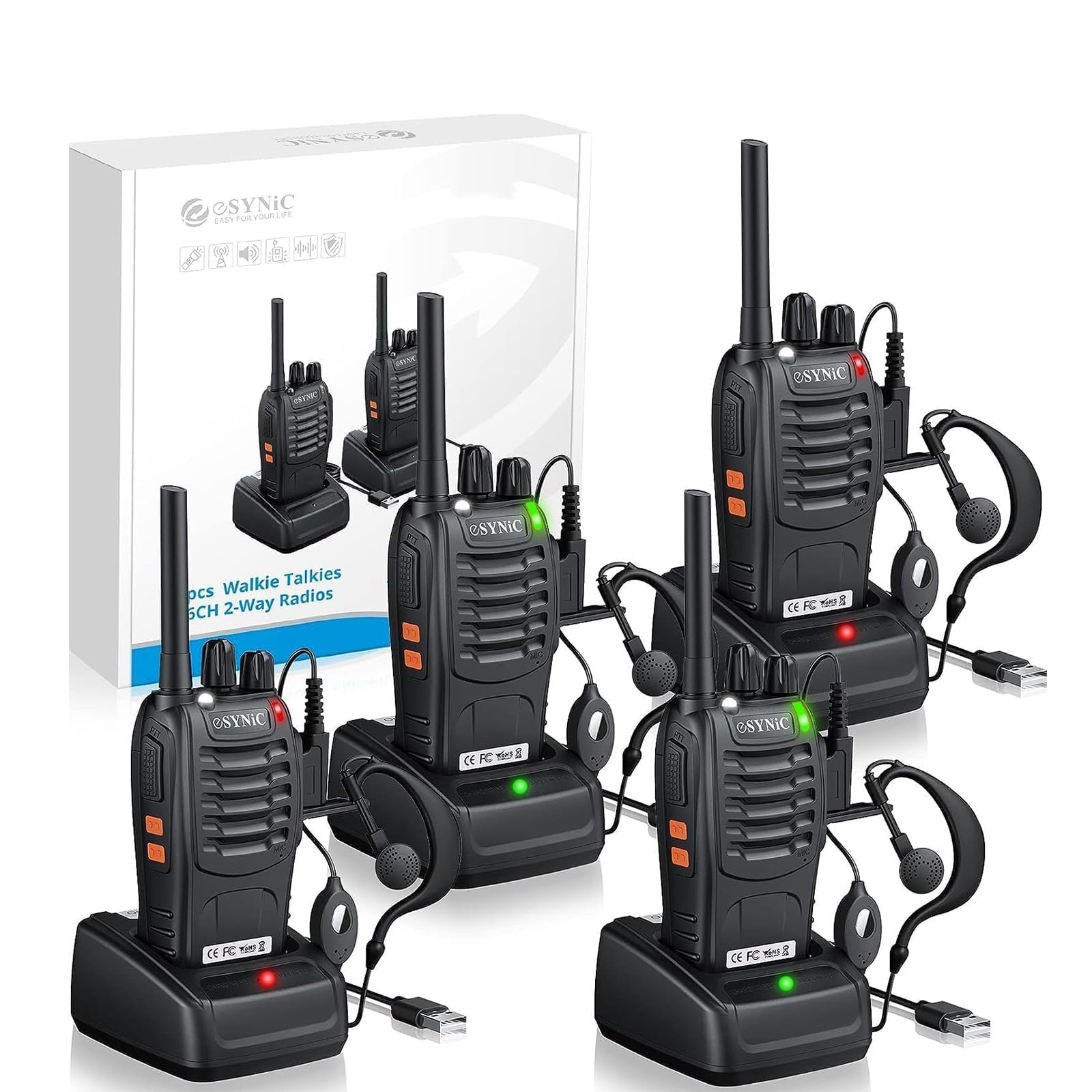eSynic 4Pack Rechargeable Adults Walkie Talkies License-Free Two Way Radio | PMR