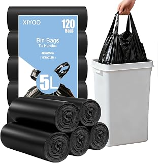 Small Black Bin Bags 5Liter Pedal Bin Liners Tie Handle 120 Counts Rubbish Bags Mini Trash Bags for Bathroom,Toilet,Fit 3,4,5,6 L Waste Bin