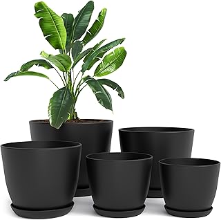 Plant Pots Indoor with Drainage, 5 Pack Multi-Size Planters Set, Black | Drainage holes included Multiple sizes 7/6.6/6/5.3/4.8 In Indoor plants and flowers Durable plastic construction