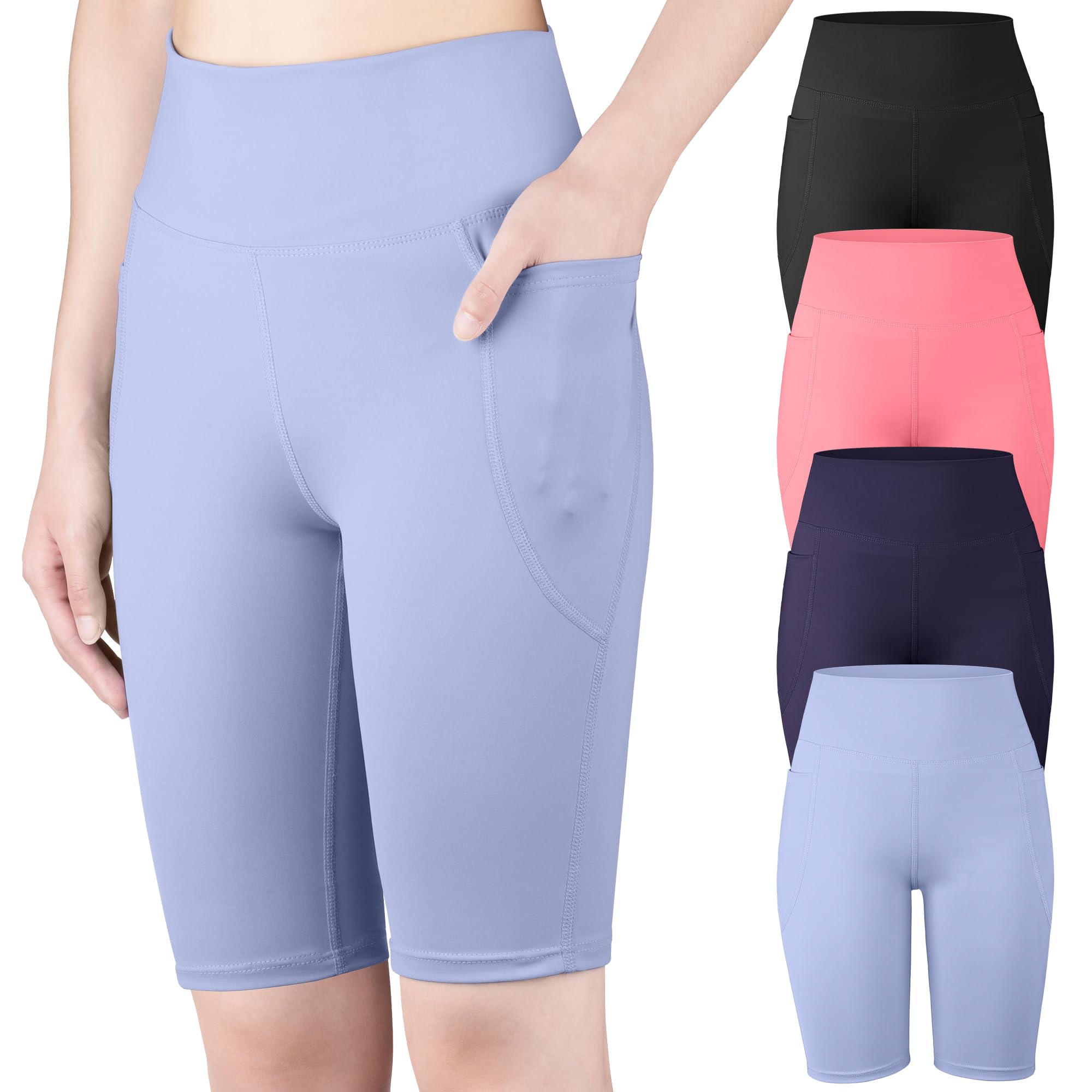 BIG ELEPHANT 4-Pack Girls Bike Shorts, High Waisted Athletic Shorts