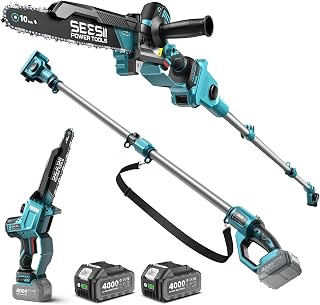 SEESII 10-Inch 2-in-1 Cordless Pole Saw & Mini Chainsaw,2 x 4.0Ah Batteries | Brushless Handheld Chain Saw,Auto Oiling, Telescoping Pole with Pivoting Head and Adjustable Handle for High and Low Branches