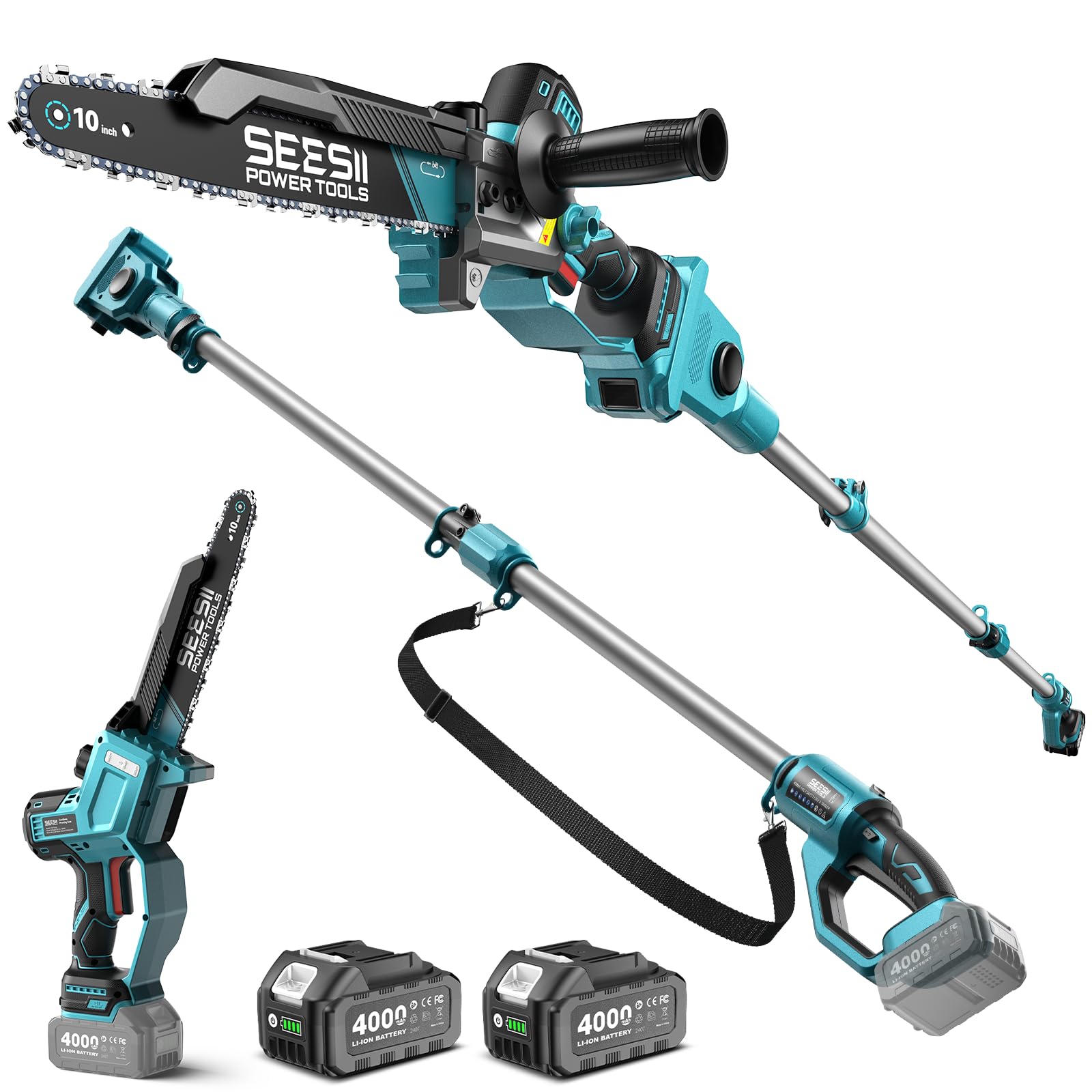 SEESII 10-Inch 2-in-1 Cordless Pole Saw & Mini Chainsaw,2 x 4.0Ah Batteries | Br