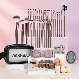 52 Pcs Makeup Brushes Set Travel Makeup Brushes Set with Toiletry Bag and Makeup Sponges Professional Foundation Powder Concealer Eyeshadow Blush Makeup Kit for Women Champagne