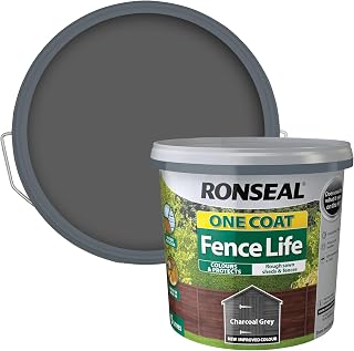 Ronseal One Coat Fence Life Charcoal Grey 5L | Water-based timber coating delivers colour and weather resistance across rough-sawn exterior wooden structures.
