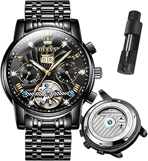 OLEVS Orologio automatico da uomo a carica automatica Tourbillon classico quadrante con diamanti con data-giorno-mese, in acciaio inox, impermeabile, luminoso, da uomo (verde/blu/oro/nero), interamente nero, Round, orologio Tourbillon di lusso