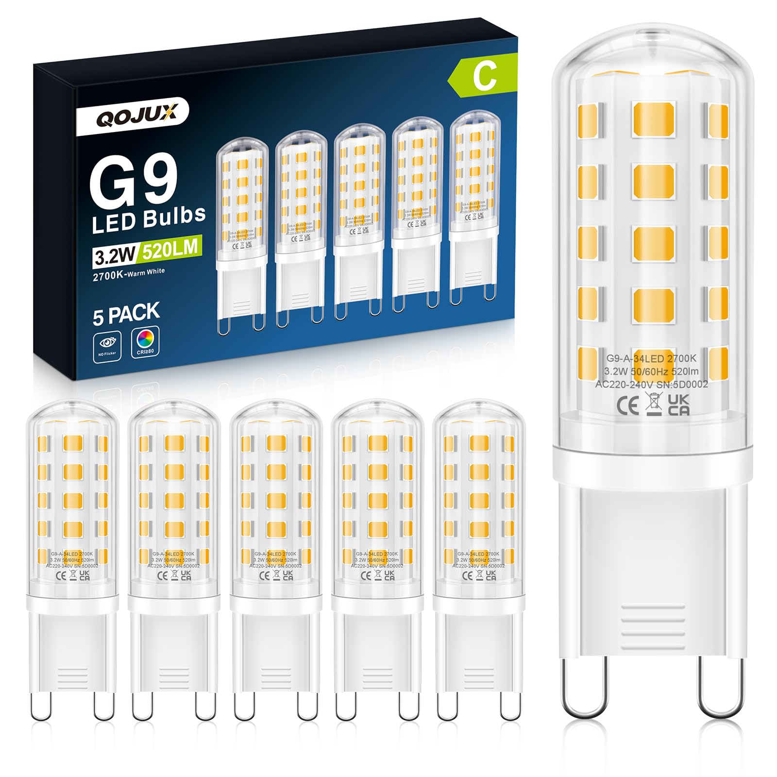 3.2W G9 Led Bulbs Warm White, Energy Class C, 34 LEDs 520LM G9 Bulbs 5 Pack | Eq