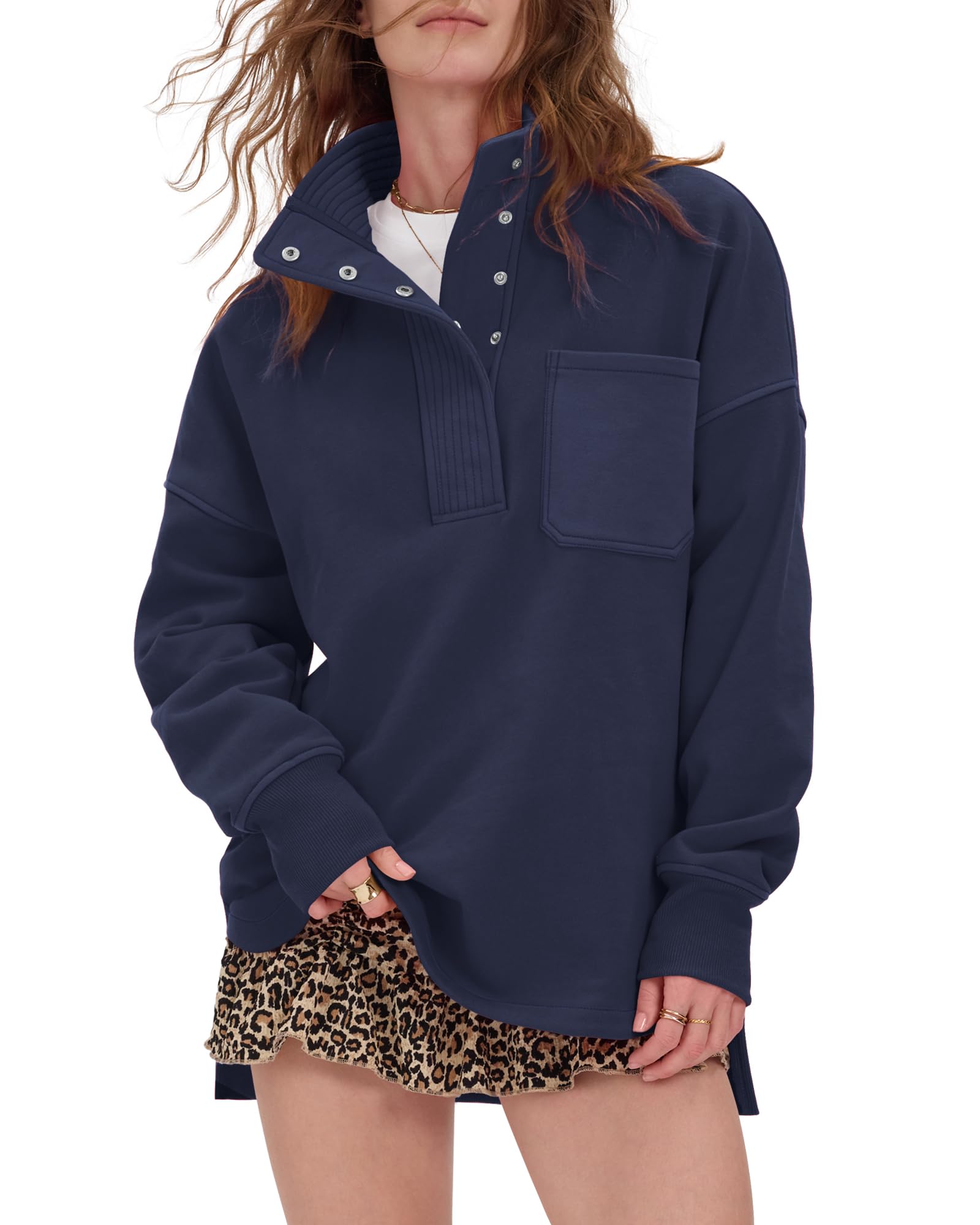 Locachy Felpa oversize da donna con bottoni a pressione e collo Henley alla