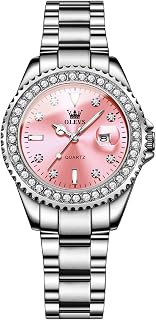 OLEVS Montre de luxe pour femme en acier inoxydable étanche avec date et diamants Doré, 9945 : bracelet argenté et cadran rose, Classique
