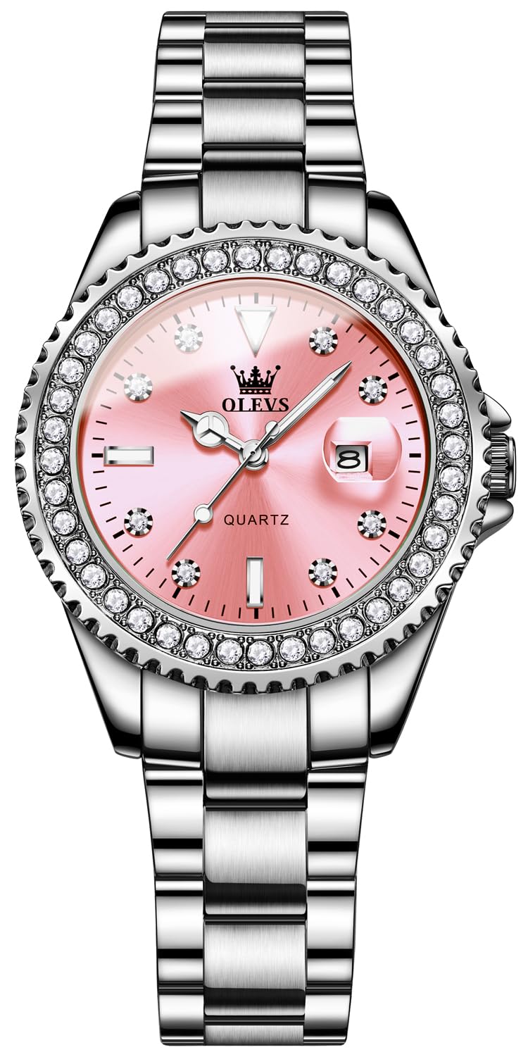 OLEVS Montre de luxe pour femme en acier inoxydable étanche avec date et diamant