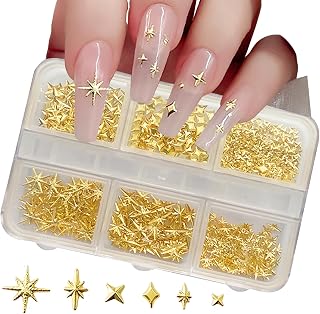 Gold Metal Star Nail Art Charms Set, 6 Styles 3D Nail Decorations with Storage Box, 150-200 Pieces Mixed Size Pentagram Studs for DIY Manicure