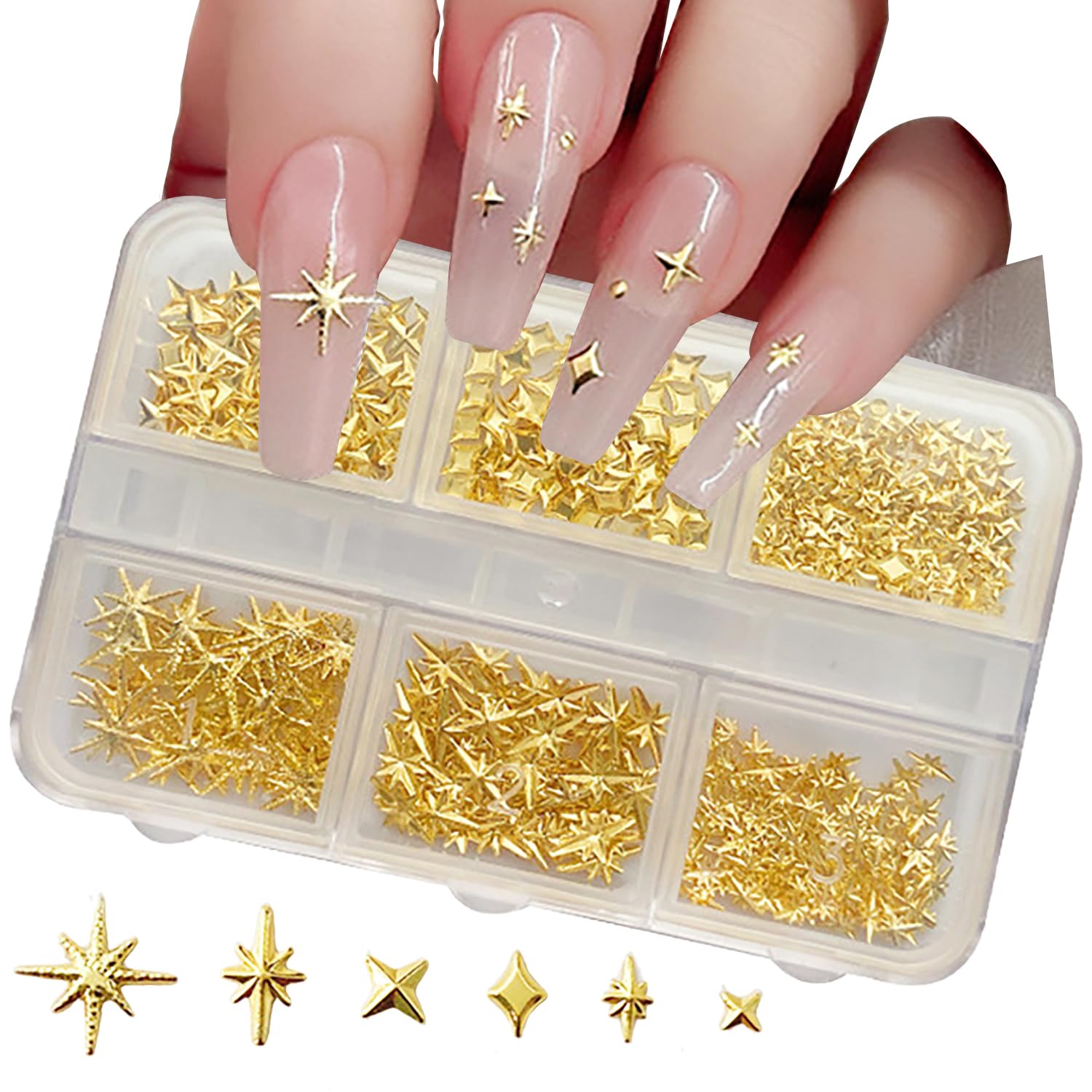 Gold Metal Star Nail Art Charms Set, 6 Styles 3D Nail Decorations with Storage B