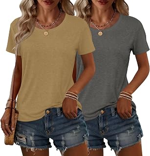 KILISU 2枚 レディース 半袖 Tシャツ クルーネック 無地 ソフト ベーシック Tシャツ カジュアル ルーズフィット 軽量 サマートップス 服 2026