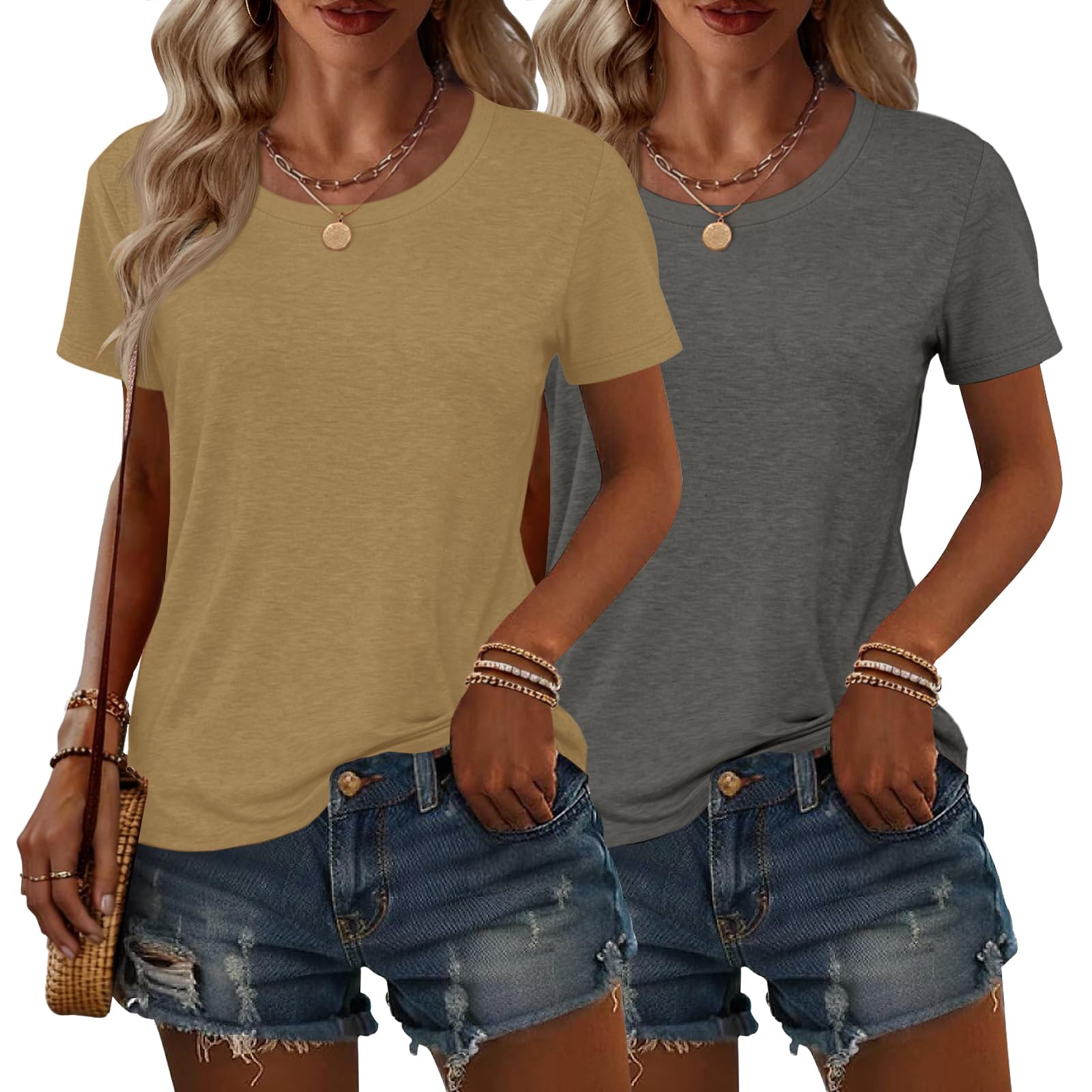 KILISU 2枚 レディース 半袖 Tシャツ クルーネック 無地 ソフト ベーシック Tシャツ カジュアル ルーズフィット 軽量 サマートップス 服 2026