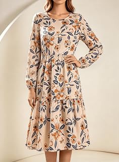 Women Long Sleeve Midi Dress Round Neck Autumn Fashion Casual Loose Fit Flowy Swing Holiday Boho Dress