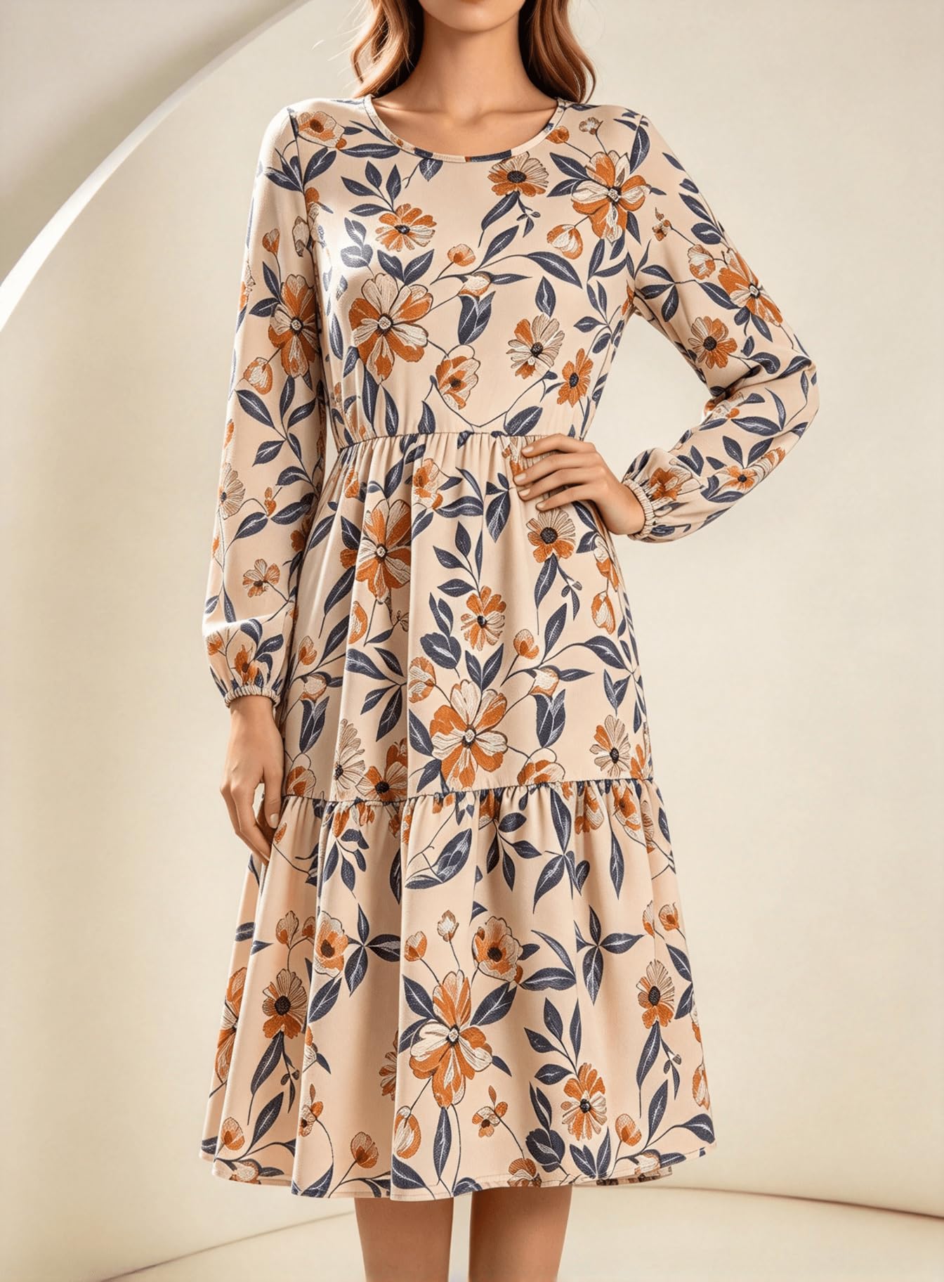 Women Long Sleeve Midi Dress Round Neck Autumn Fashion Casual Loose Fit Flowy Sw
