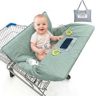 BeBeJoJo Muslin Shopping Cart Cover for Baby Soft Breathable Full Coverage | 360° Protection, 3-Layer Comfort, Phone Pocket, Machine Wash, Portable Storage Bag for Grocery Carts, Restaurant High Chairs