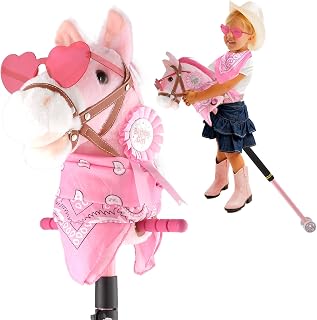 Frebuta Hobby Horse on a Stick,30 to 50In Stick Horse for Kids 3-12 Years Plush Handcrafted Party Cowgirl Music Pink Pony Horse Toy with Illuminated Wheel Stainless Steels Soft Sponge Handle (Pink)
