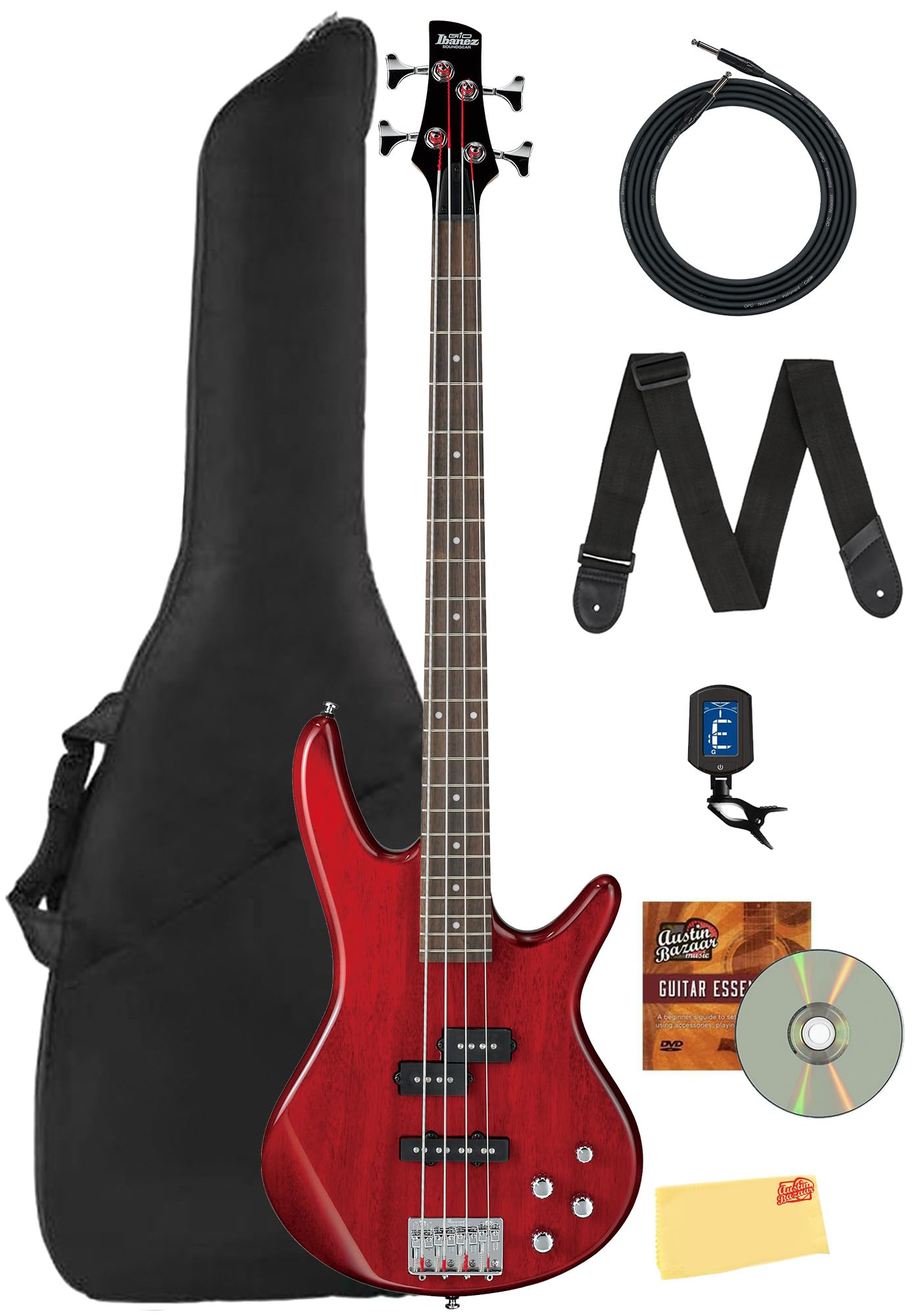 Ibanez GSR200 SR GIO Bass Guitar - Transparent Red Bundle with Gig Bag, Tuner, S