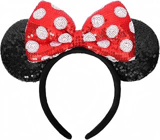 ETLUK Mouse Ears Headband, Mouse Ears Sequin Bow Headbands for Women Girls, Cosplay Accessories Party Decorations (Red)