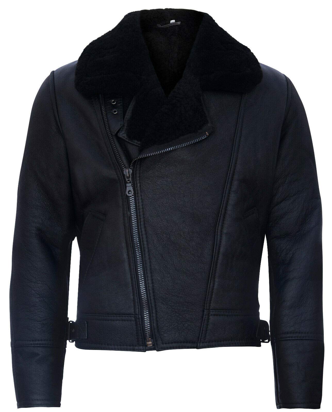 Black Leather Jacket Sheepskin Aviator Cross Zip for Men