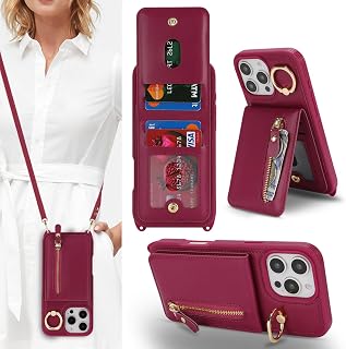 Compatible with iPhone 16 Pro Case Wallet with Card Holder for Women Men,with Ring Holder,PU Leather Magnetic Snap Zipper Phone Case with Crossbody Strap for iPhone 16 Pro 6.3",Dark Red