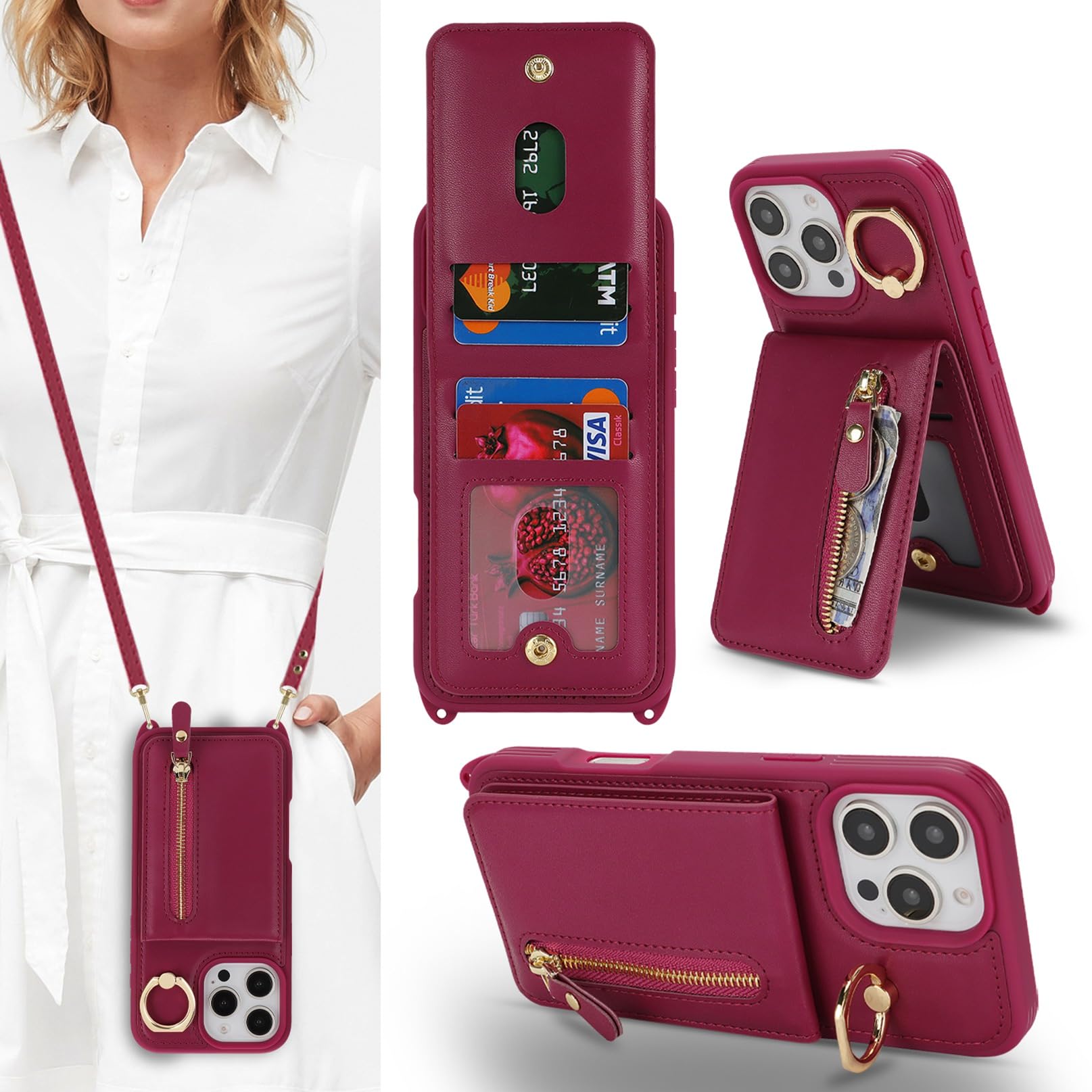 Compatible with iPhone 16 Pro Case Wallet with Card Holder for Women Men,with Ri