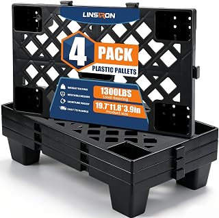 LINSIRON 4 Pcs Plastic Pallets for Basement Storage Support up to 1300 Lbs | Nestable Lightweight Waterproof Floor Pallets with Breathable Grid for Indoor Outdoor Supermarket Warehouse 19.7"x11.8"x3.9"