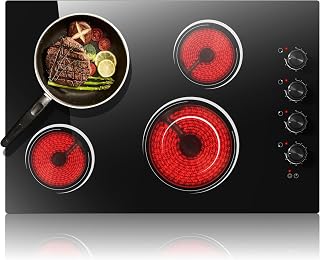 30 Inch Electric Cooktop 4 Burners with Knob Control, 6700W Built-in 220V | Radiant Electric Cooktop with 9 Power Levels, Hot Warning, Hard Wire(No Plug)