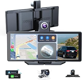 Tucarwyi 10.26" Wireless Portable Carplay Screen CarPlay & Android Auto Car Stereo 360 Rotation 4K Dash Cam 1080p Rear Camera Mirror Link Voice Control GPS Navigation(SD Card Excluded)