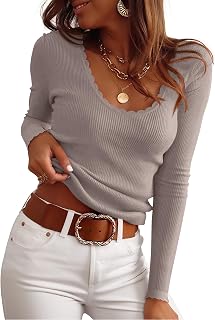 ANRABESS Women’s Long Sleeve Scalloped Scoop Neck Ribbed Fall Sweater