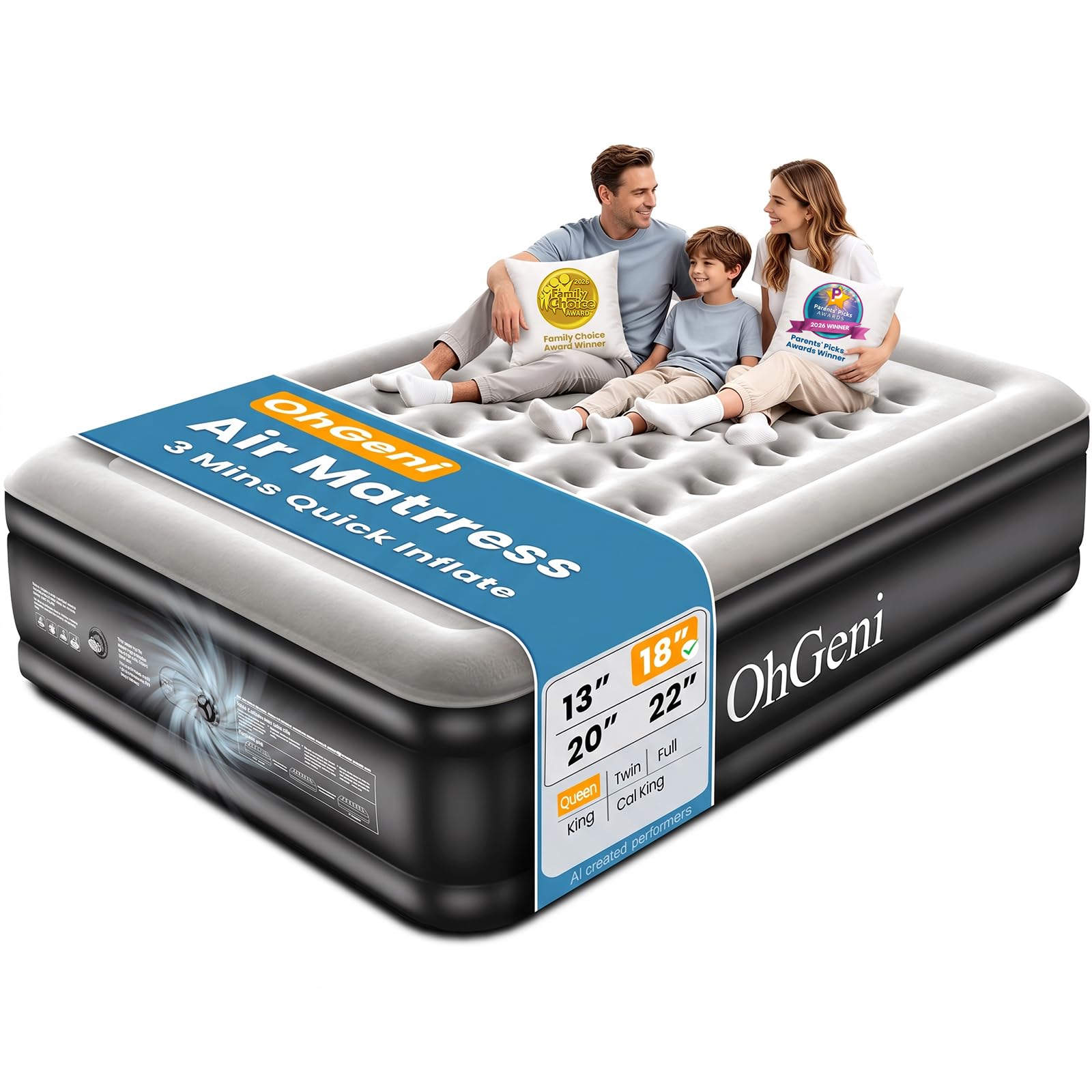 OhGeni Air Mattress Queen with Built in Pump, 18" Raised Blow up Bed, 800lb | In