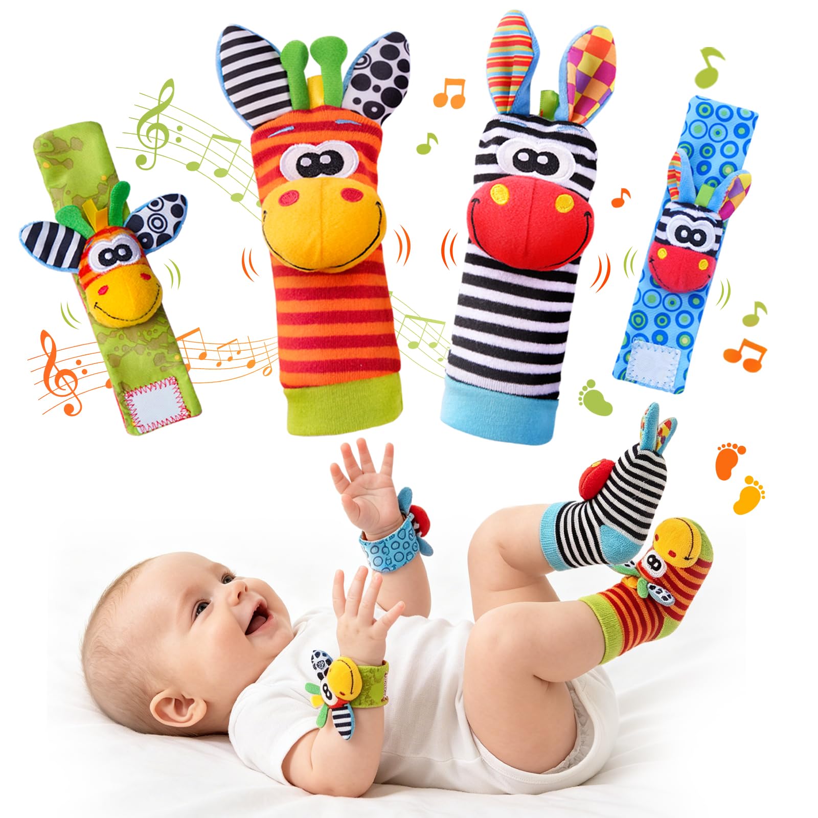 Baby Toys 0-6 Months, Infant Wrist Rattles and Foot Finder Socks Set | Soft Plus