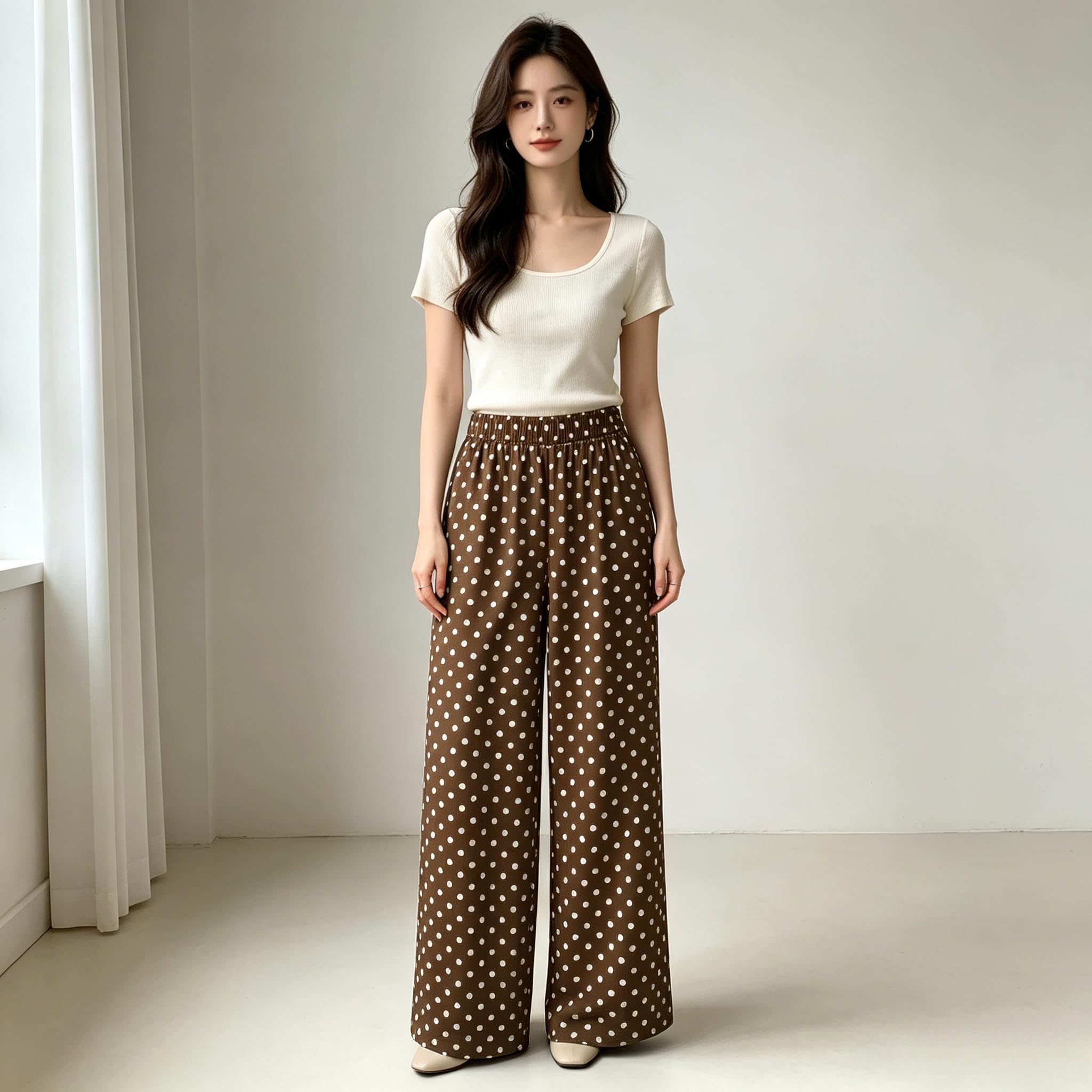 High Waist Wide Leg Pants Polka Dot Drawstring Elastic Waist Womens Casual Trous