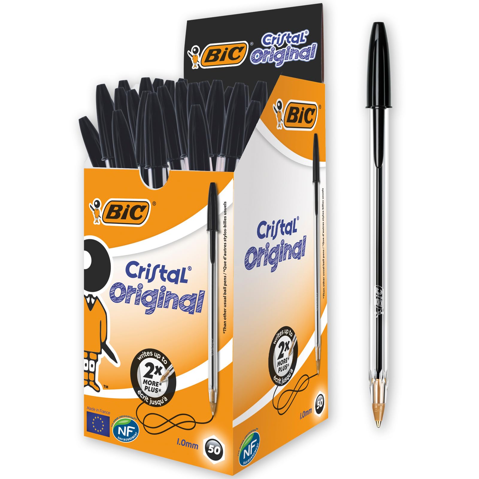 BIC Cristal Original Black Ballpoint Pens, Medium Point, 1.0mm, Pack of 50 Pens 