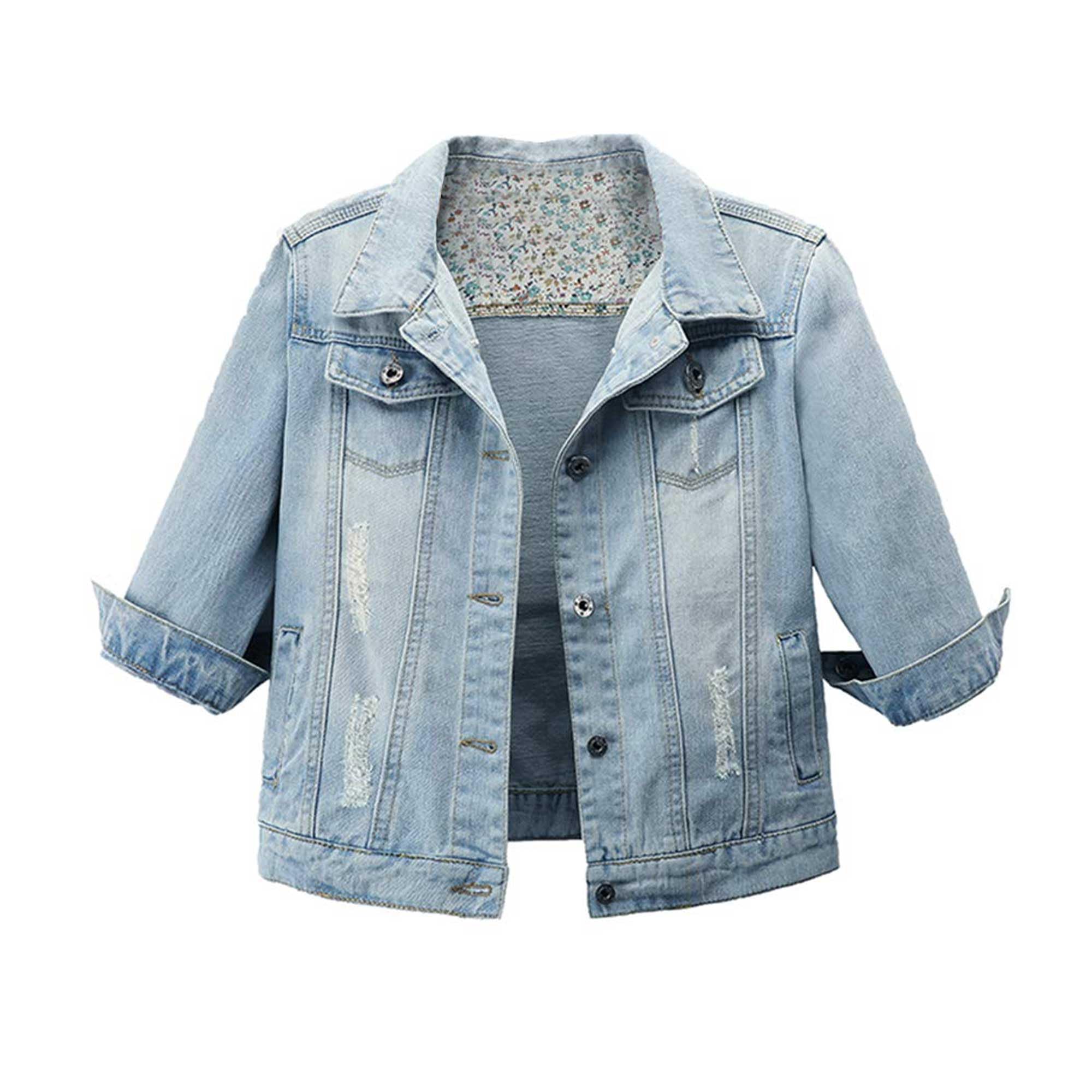 Hixiaohe Women Autumn 3/4 Sleeve Retro Short Denim Jackets Light Blue Jean Coats