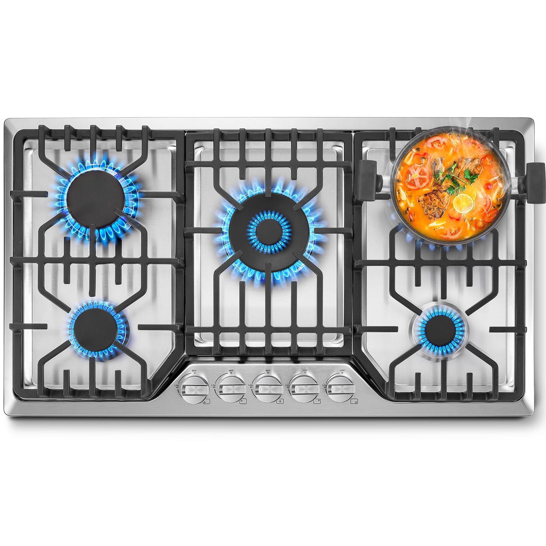 Amzgachfktch Gas Cooktop 36 inch with 5 Italy Sabaf Sealed Burners, Max 48,300 B
