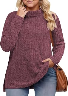 VISLILY Womens Plus Size Tops Trendy Turtleneck Lightweight Casual Long Sleeve Elegant Side Split Tunic Size 1X-5X