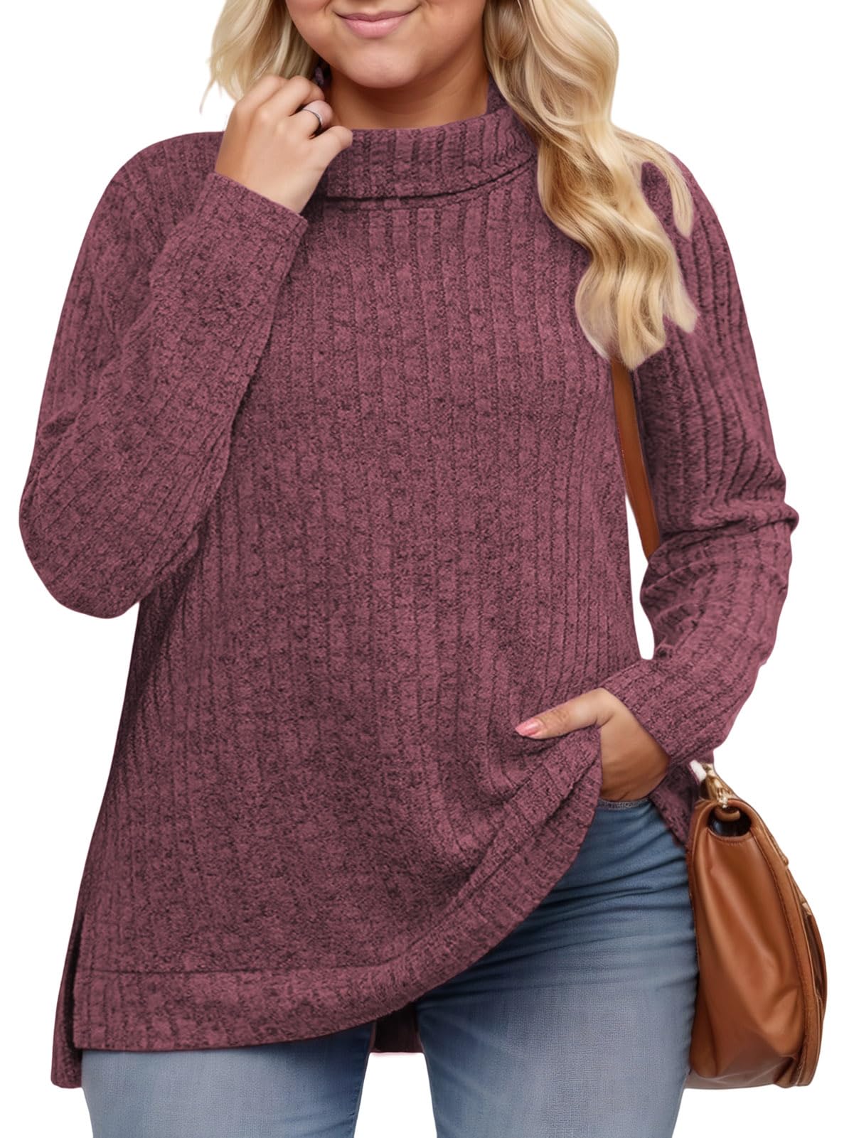 VISLILY Womens Plus Size Tops Trendy Turtleneck Lightweight Casual Long Sleeve E