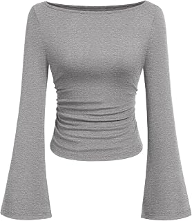 PRETTYGARDEN Women Long Sleeve Shirt 2025 Crop Casual Boat Neck Bell Sleeve Ribbed Ruched Y2K Clothing