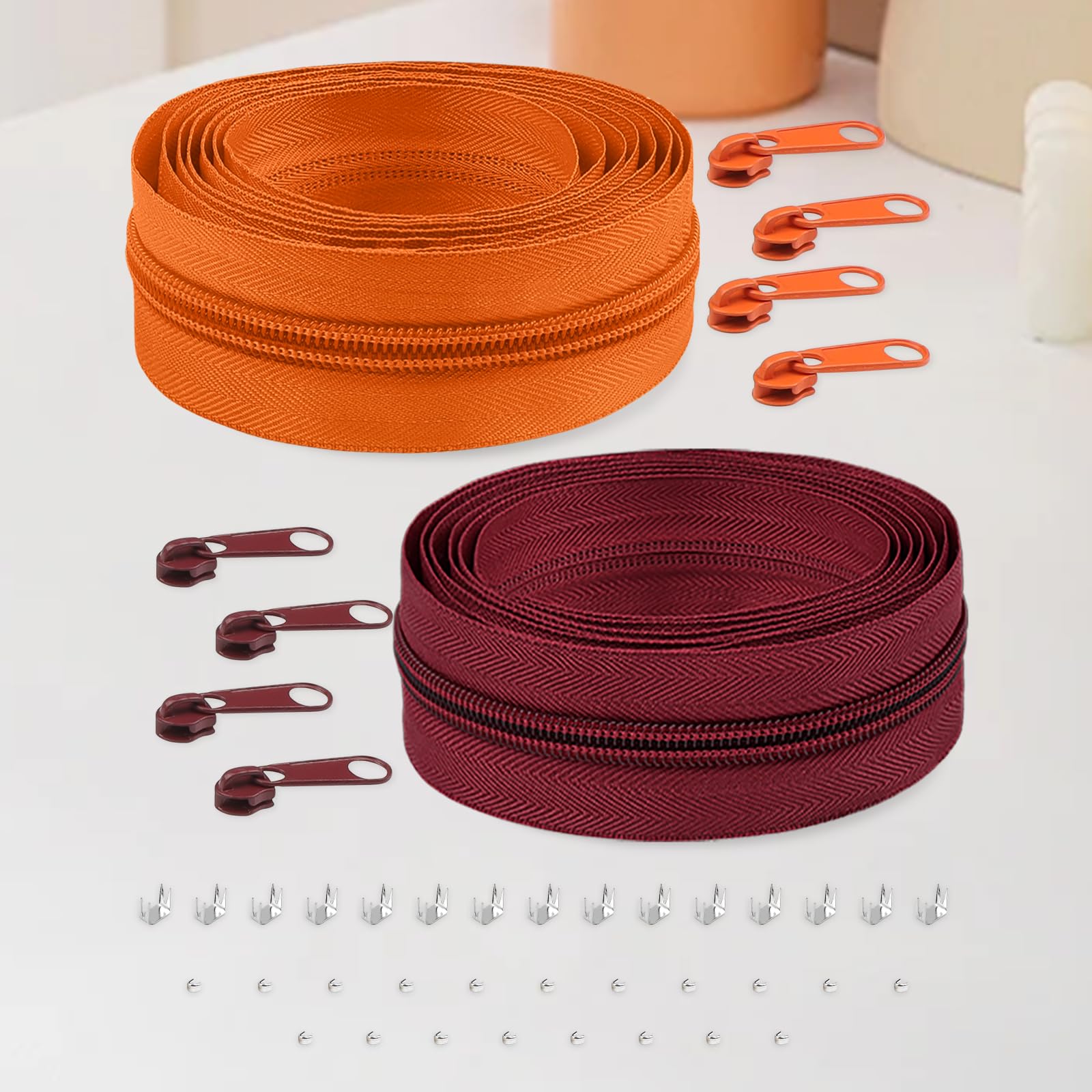 #5 Zipper with 8 Sliders and 12 Ends Zipper for DIY Crafts (Wine Red & Orange)