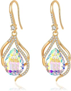 Austrian Crystal Hollow Teardrop Dangle Earrings for Women 14K Rose Gold Plated Hypoallergenic Jewelry