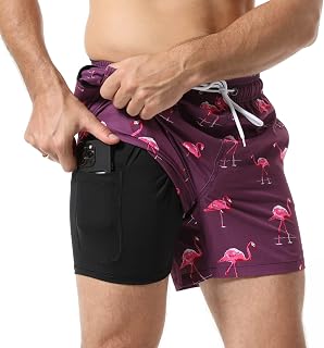 Arcweg Men's Swim Trunks Compression Lining 2 in 1 Quick Dry Short Liner Elastic Surf Shorts with Zipper Pockets, Flamingo Purple, M Short