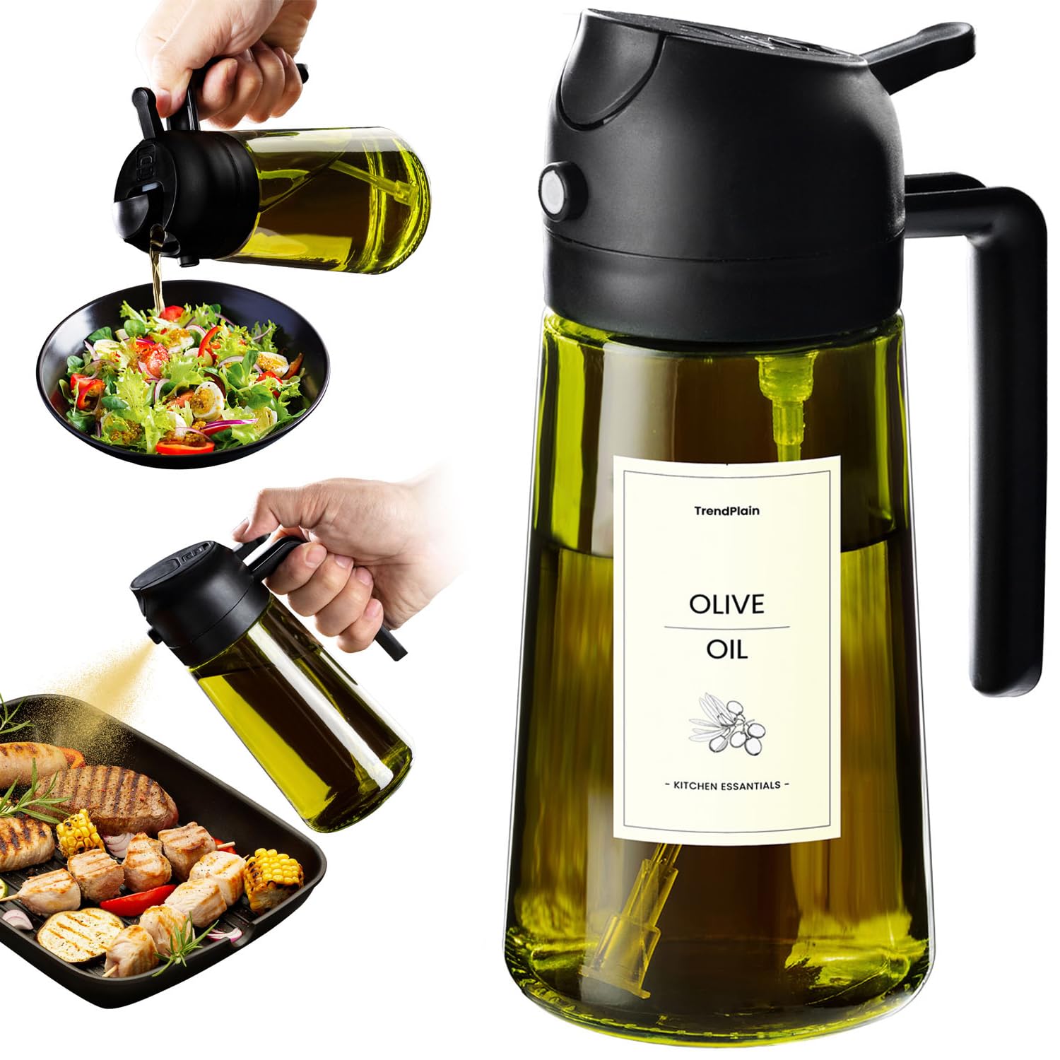 TrendPlain 470ml Olive Oil Spray Bottle - 2 in 1 Olive Oil Dispenser Bottle for 